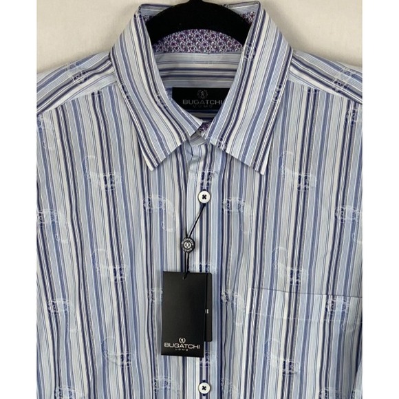 NWT Bugatchi Men Shirt Blue Black Paisley Striped Long Sleeve Flip Cuffs Med New - Picture 1 of 7